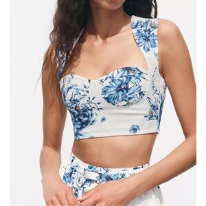 ZARA S NWT Printed Floral Sweetheart Crop Top | Blue & White